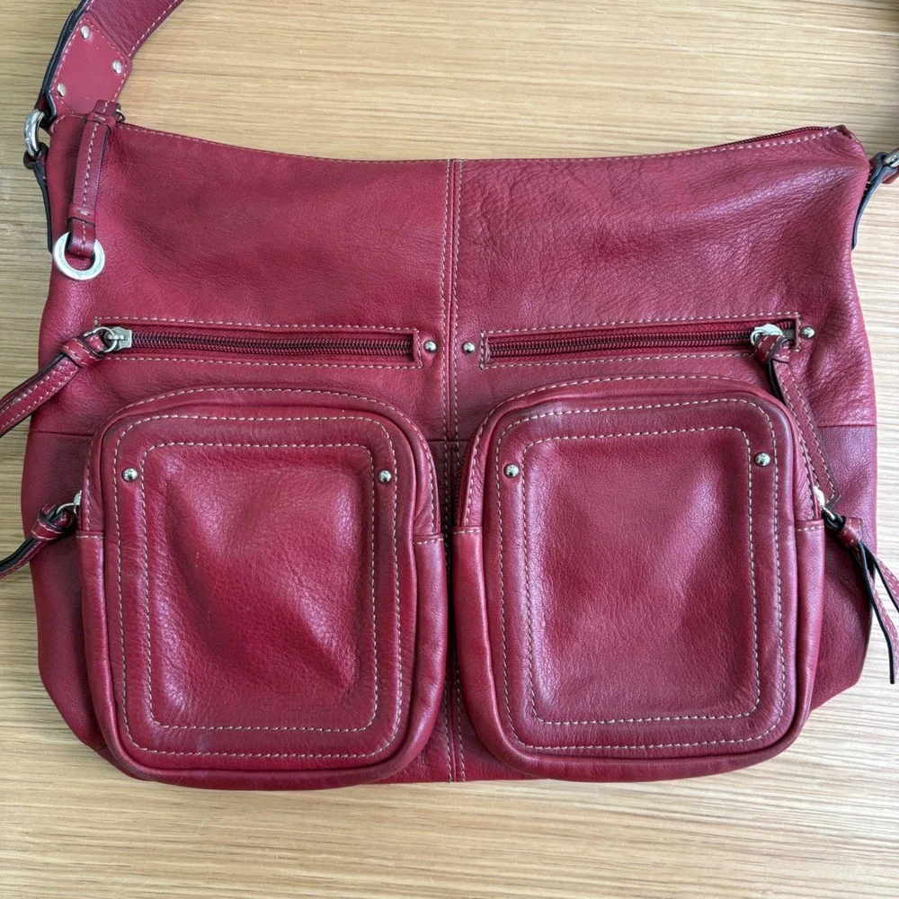 Tignanello Red Leather Shoulder Bag Multi Pocket Hobo Purse Women's 15x11